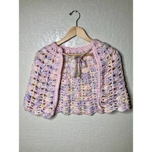 Handmade Girl’s Crochet Cape Multicolor Pink With Tie Front 36” From End To End